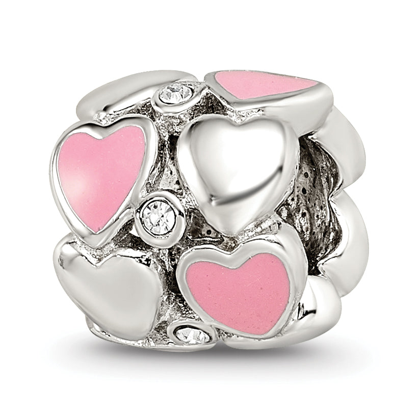 Sterling Silver Reflections Pink Enamel Crystal Hearts Bead