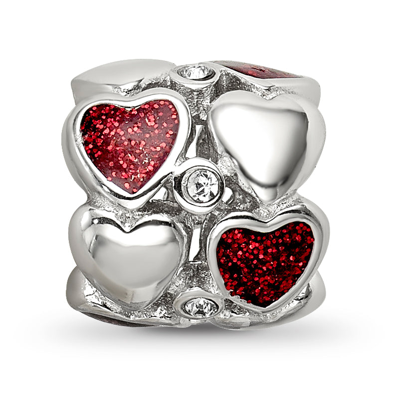 Sterling Silver Reflections Red Enamel Crystal Hearts Bead