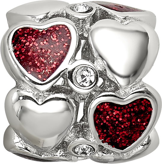 Sterling Silver Reflections Red Enamel Crystal Hearts Bead