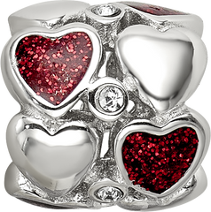 Sterling Silver Reflections Red Enamel Crystal Hearts Bead