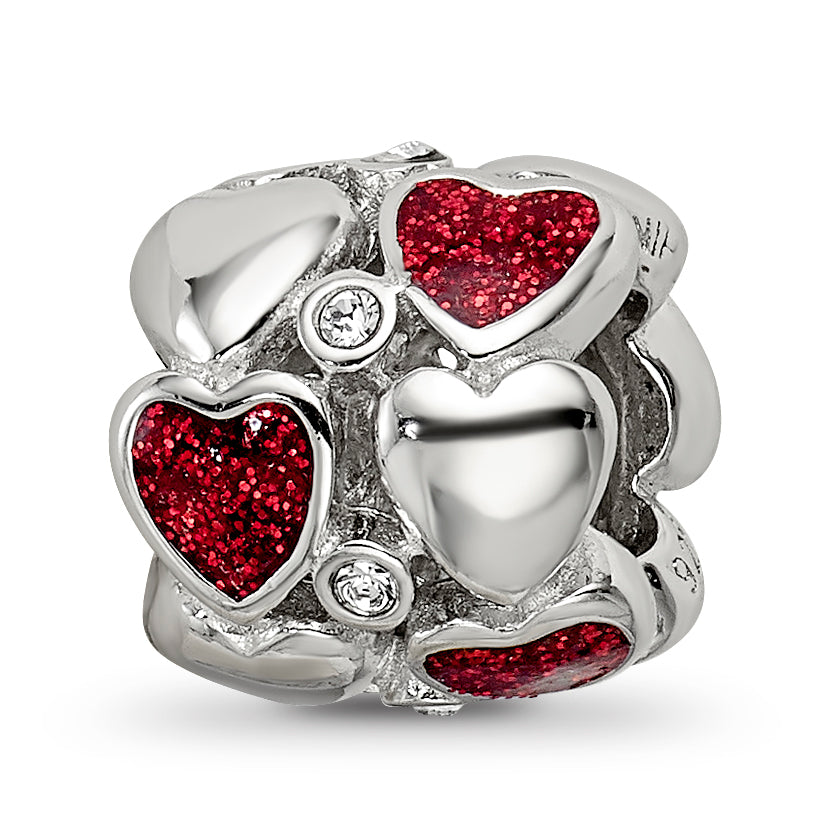 Sterling Silver Reflections Red Enamel Crystal Hearts Bead