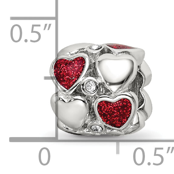 Sterling Silver Reflections Red Enamel Crystal Hearts Bead