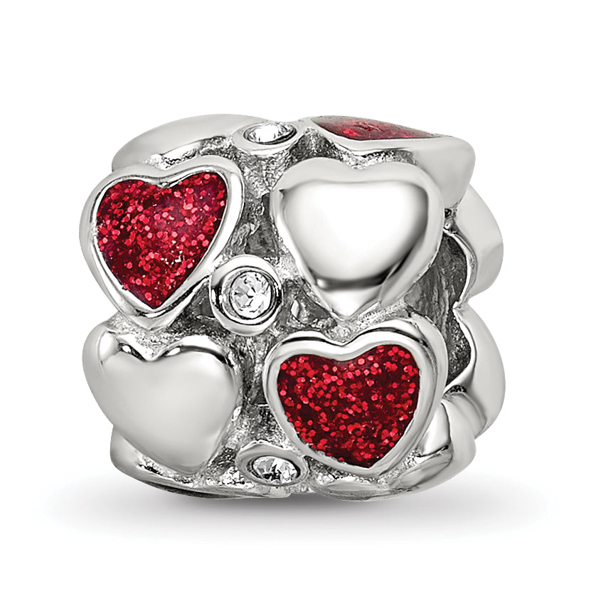 Sterling Silver Reflections Red Enamel Crystal Hearts Bead