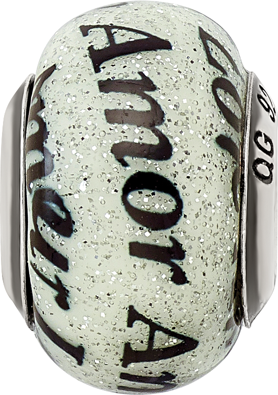 Sterling Silver Reflections Love/Amor Black & White Glitter Italian Glass