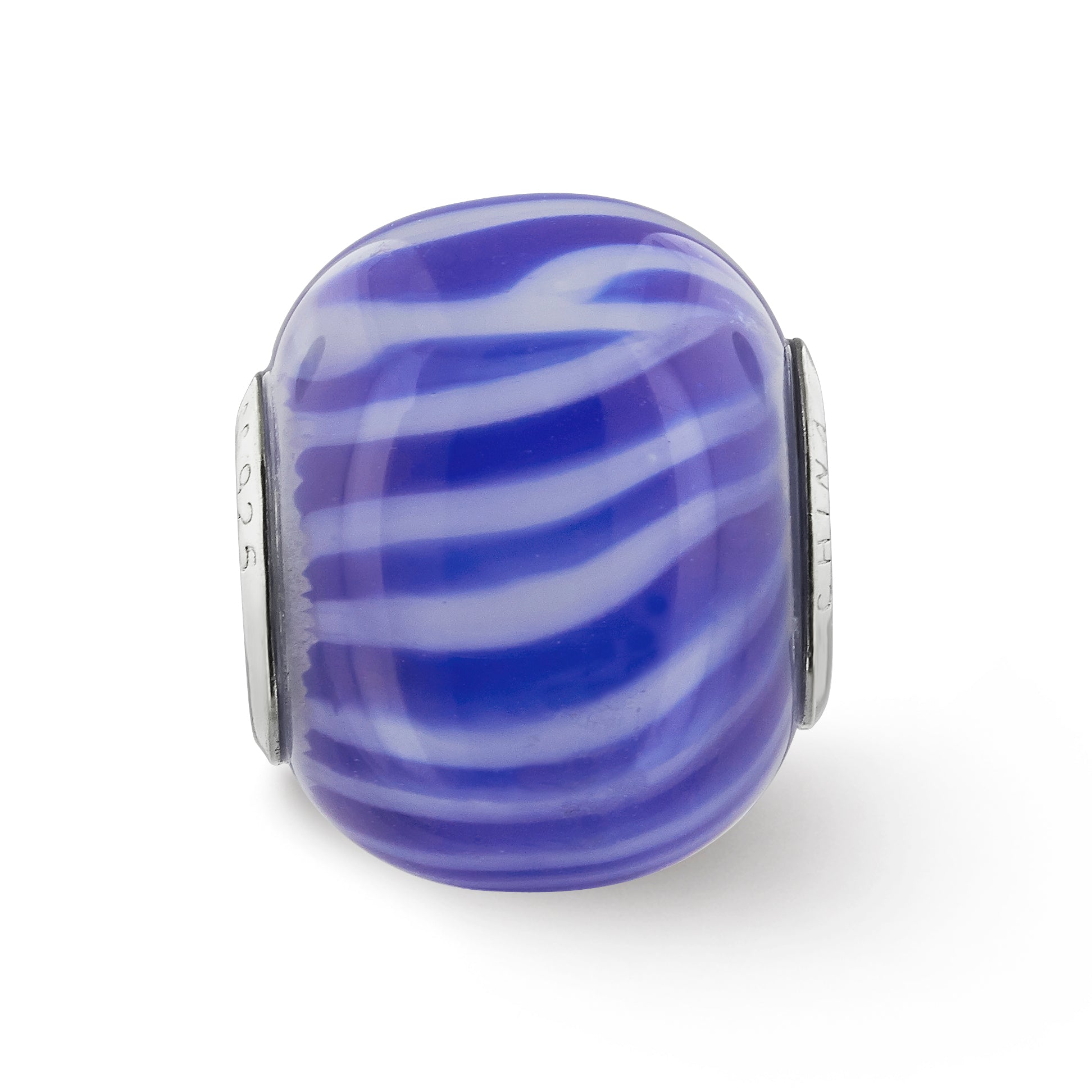 Sterling Silver Reflections Rhodium-plated Blue & White Striped Glass Bead