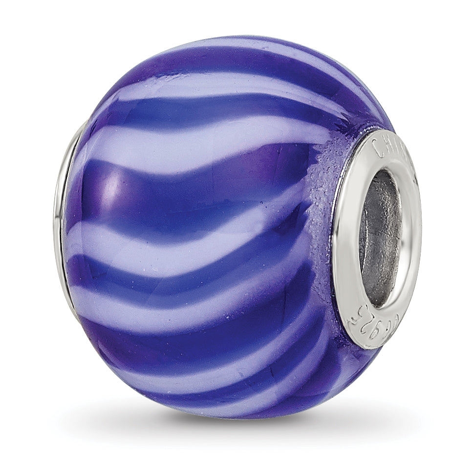 Sterling Silver Reflections Rhodium-plated Blue & White Striped Glass Bead