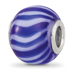 Sterling Silver Reflections Rhodium-plated Blue & White Striped Glass Bead