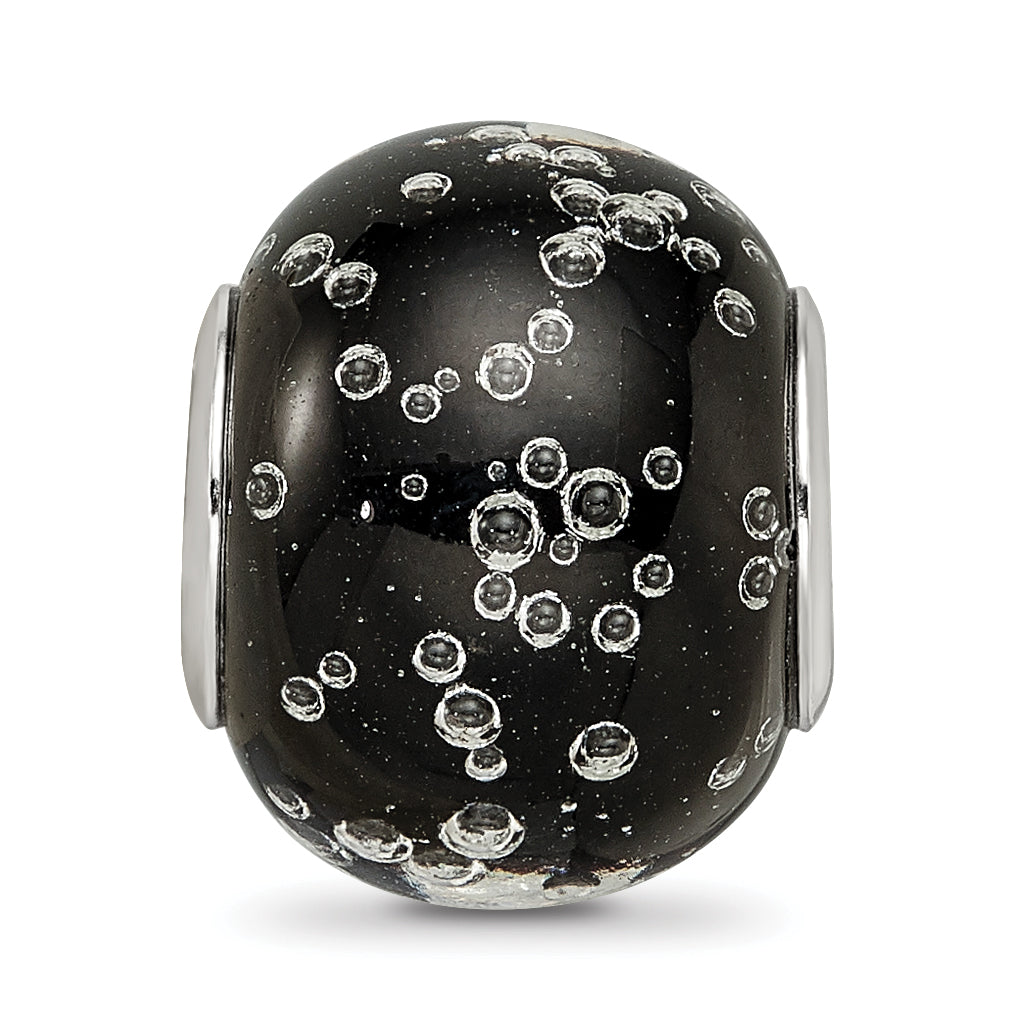 Sterling Silver Reflections Rhodium-plated Bubbles Black Glass Bead