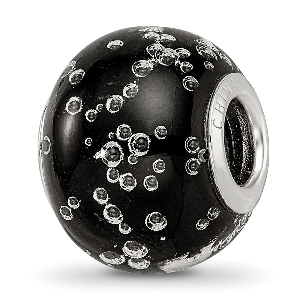 Sterling Silver Reflections Rhodium-plated Bubbles Black Glass Bead