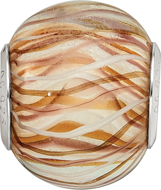 Sterling Silver Reflections Rh-plated Brown and White Striped Glass Bead