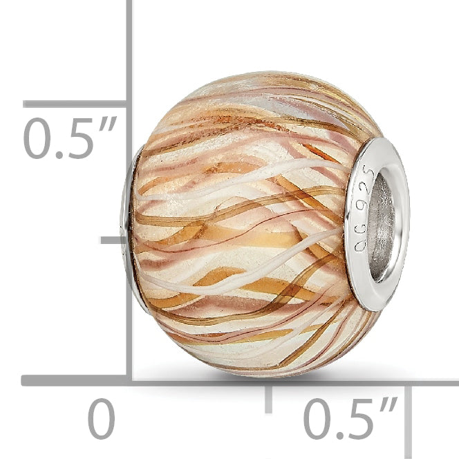 Sterling Silver Reflections Rh-plated Brown and White Striped Glass Bead