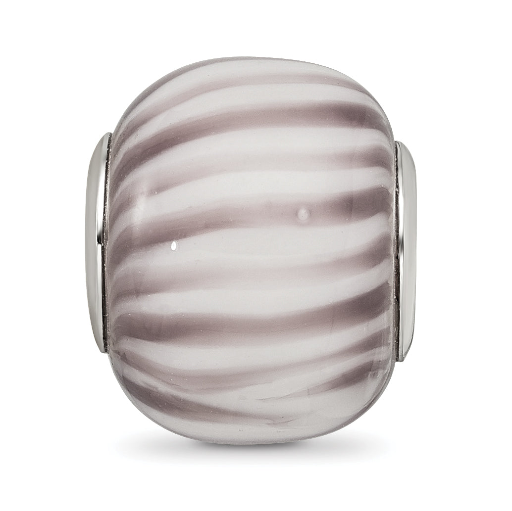 Sterling Silver Reflections Rh=plated Purple and White Striped Glass Bead