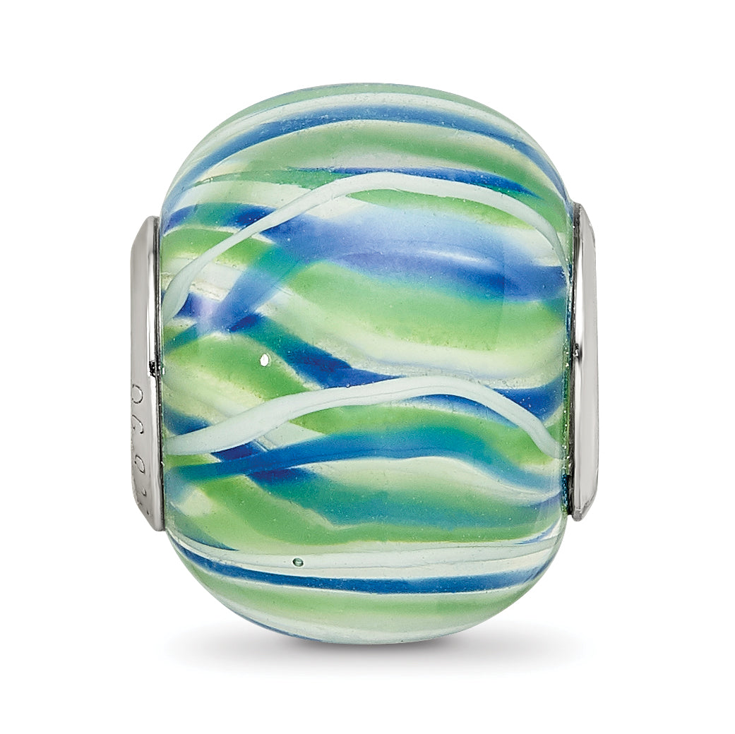 Sterling Silver Reflections Rh-plated Blue Green & White Striped Glass Bead