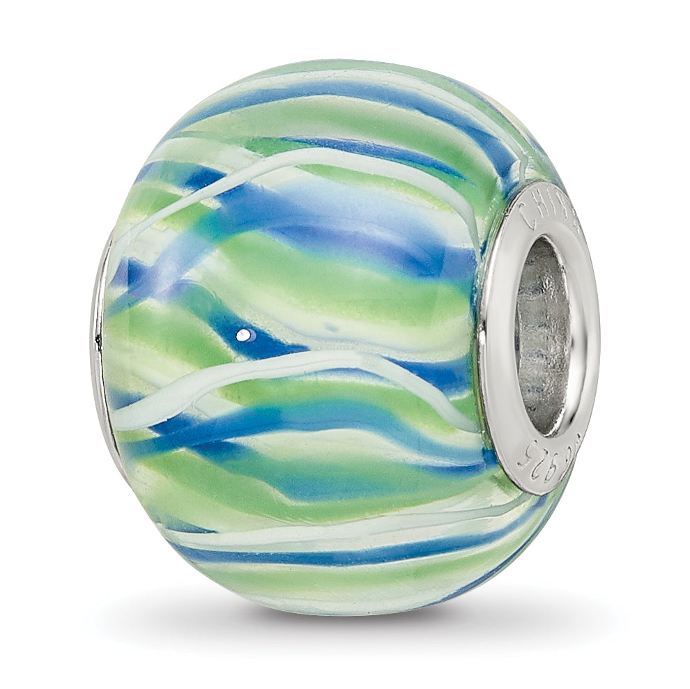 Sterling Silver Reflections Rh-plated Blue Green & White Striped Glass Bead