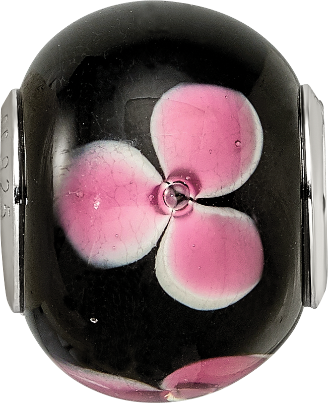 Sterling Silver Reflections Rh-plated Pink Floral Black Glass Bead