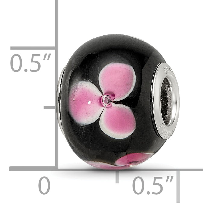 Sterling Silver Reflections Rh-plated Pink Floral Black Glass Bead