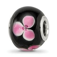 Sterling Silver Reflections Rh-plated Pink Floral Black Glass Bead