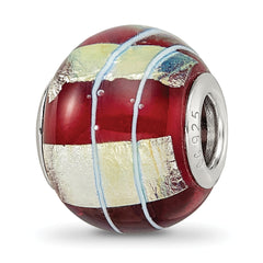 Sterling Silver Reflections Rhodium-plated Foil Striped Red Glass Bead