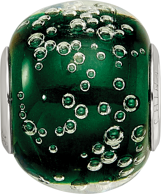 Sterling Silver Reflections Rh-plated Bubbles Green Glass Bead