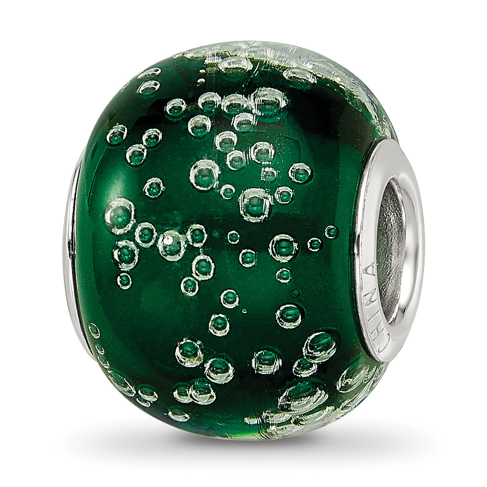 Sterling Silver Reflections Rh-plated Bubbles Green Glass Bead