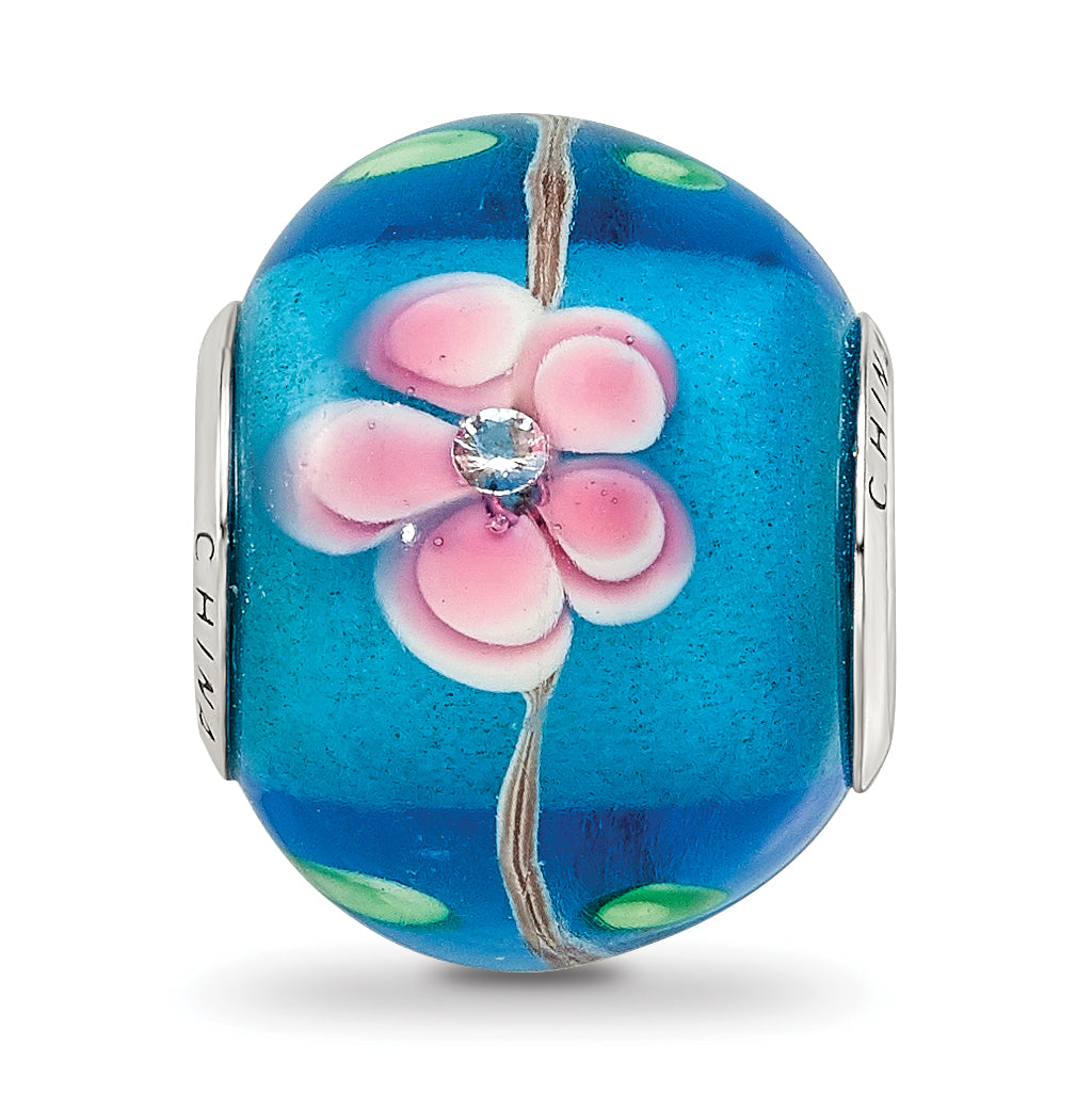 Sterling Silver Reflections rh-plated CZ Blue & Pink Floral Blue Glass Bead