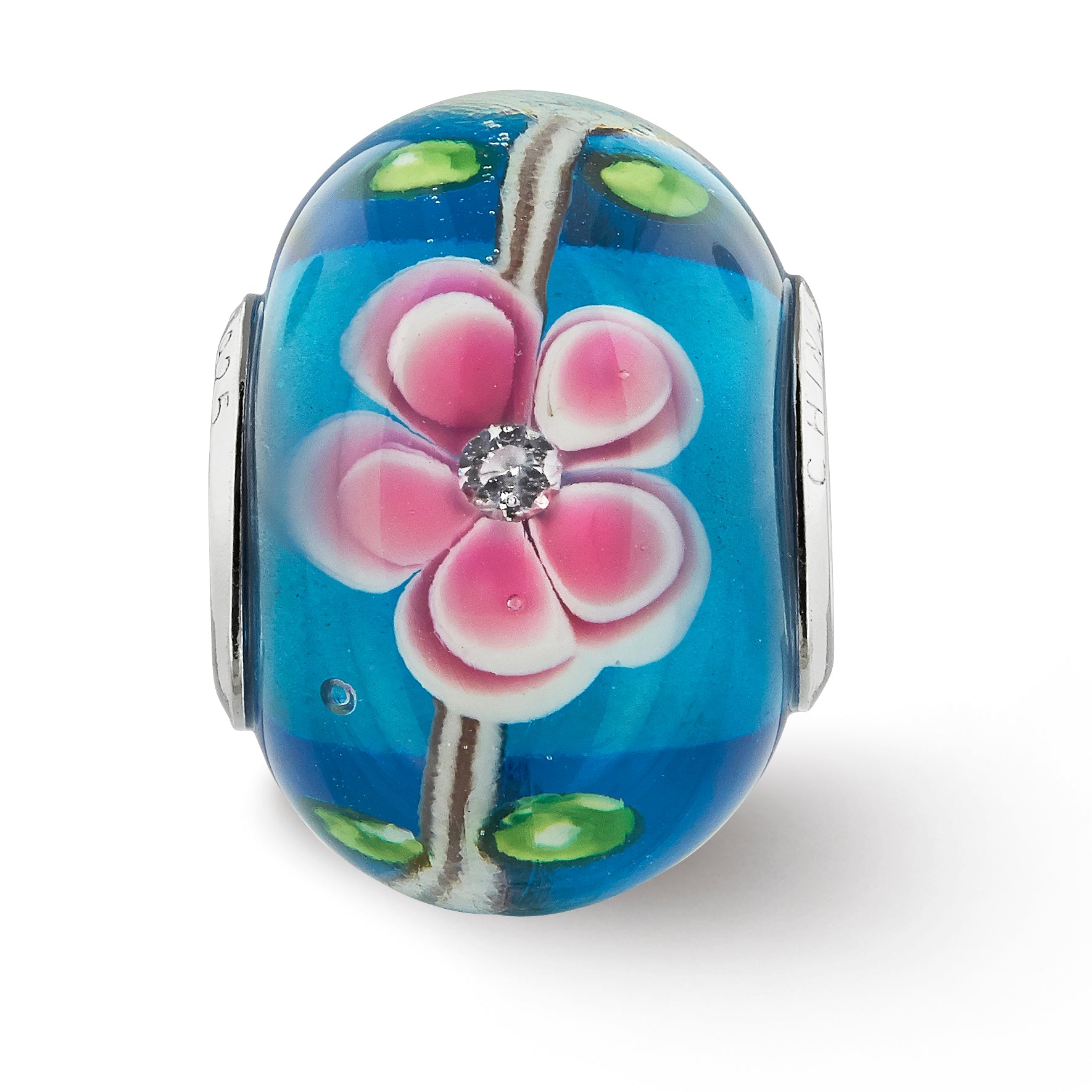 Sterling Silver Reflections rh-plated CZ Blue & Pink Floral Blue Glass Bead