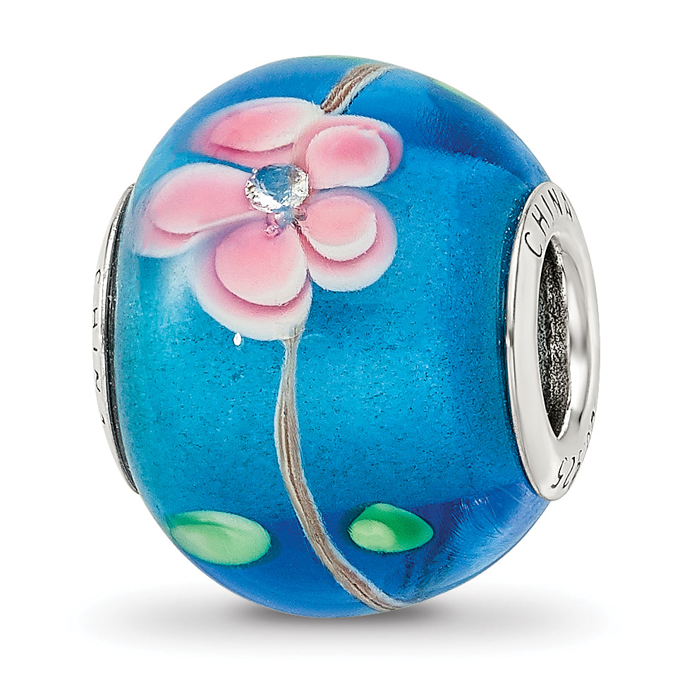 Sterling Silver Reflections rh-plated CZ Blue & Pink Floral Blue Glass Bead