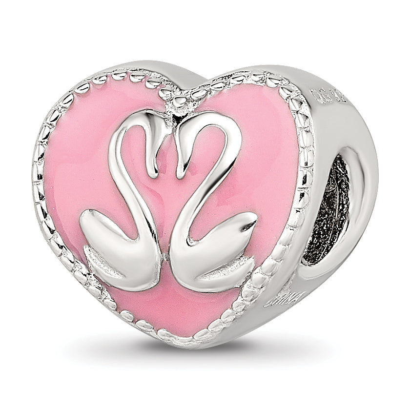 Sterling Silver Reflections Pink Enameled, Yellow IP-Plated CZ Swans Bead