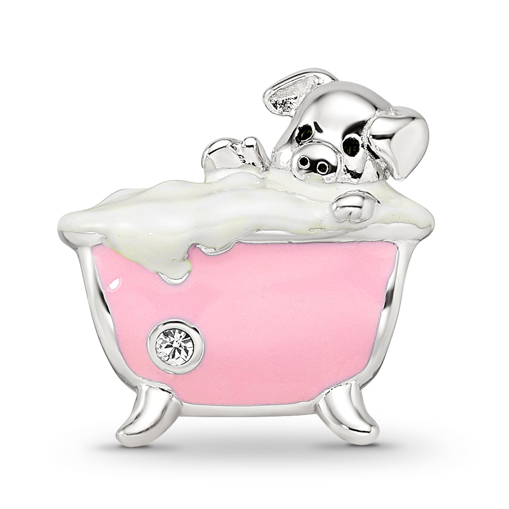 Sterling Silver Reflections Rh-plated Pink Enamel & CZ Pig In Bathtub Bead