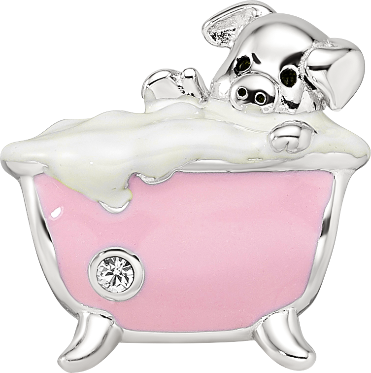 Sterling Silver Reflections Rh-plated Pink Enamel & CZ Pig In Bathtub Bead