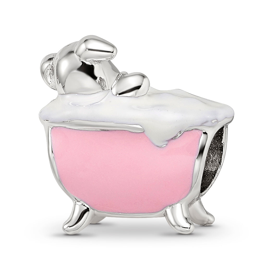 Sterling Silver Reflections Rh-plated Pink Enamel & CZ Pig In Bathtub Bead