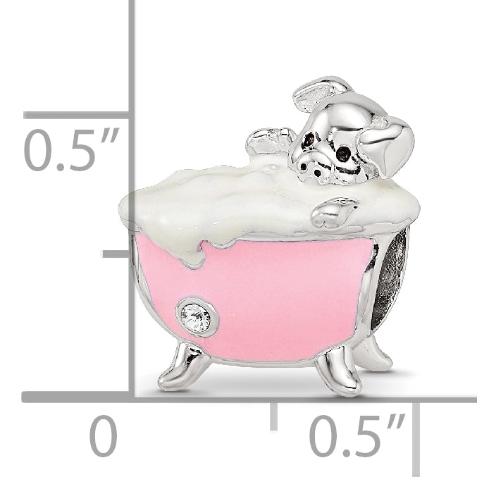 Sterling Silver Reflections Rh-plated Pink Enamel & CZ Pig In Bathtub Bead