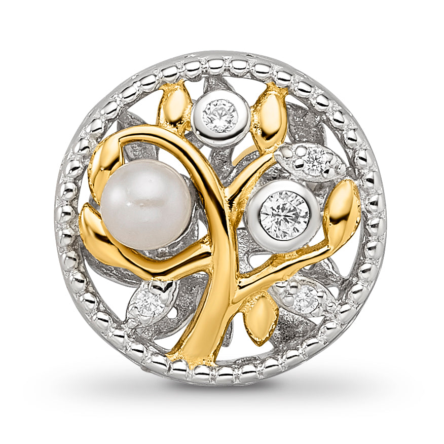 Sterling Silver Reflections Rh-plate Gold-tone FWC Pearl & CZ Tree Bead