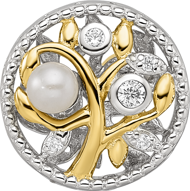 Sterling Silver Reflections Rh-plate Gold-tone FWC Pearl & CZ Tree Bead