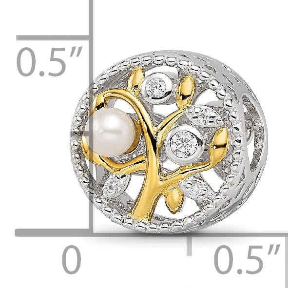 Sterling Silver Reflections Rh-plate Gold-tone FWC Pearl & CZ Tree Bead