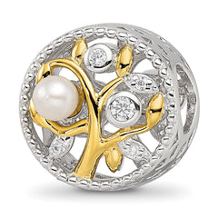 Sterling Silver Reflections Rh-plate Gold-tone FWC Pearl & CZ Tree Bead