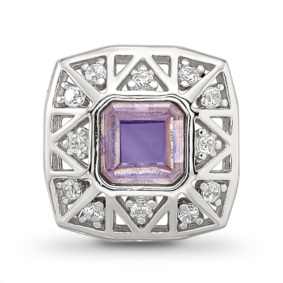 Sterling Silver Reflections Rh-plated Purple & CZs Cut Out Square Bead