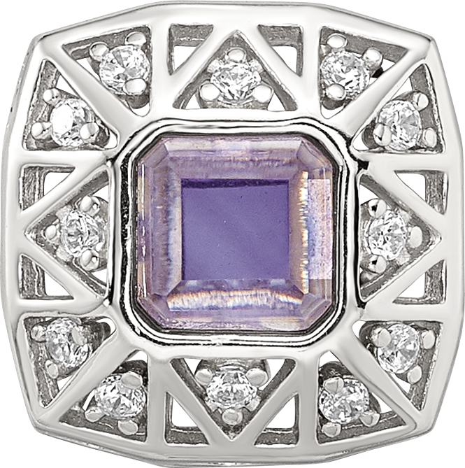 Sterling Silver Reflections Rh-plated Purple & CZs Cut Out Square Bead