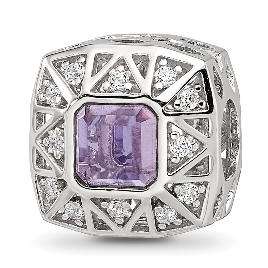 Sterling Silver Reflections Rh-plated Purple & CZs Cut Out Square Bead