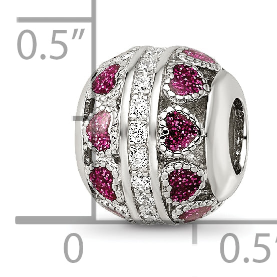 Sterling Silver Reflections Rh-plated Pink Enamel Hearts & CZ Circle Bead