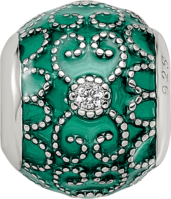 Sterling Silver Reflections Rh-plated CZs Green Enameled Bead