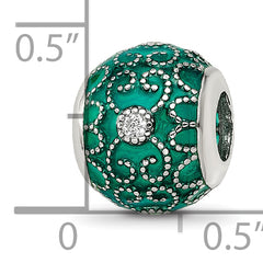 Sterling Silver Reflections Rh-plated CZs Green Enameled Bead