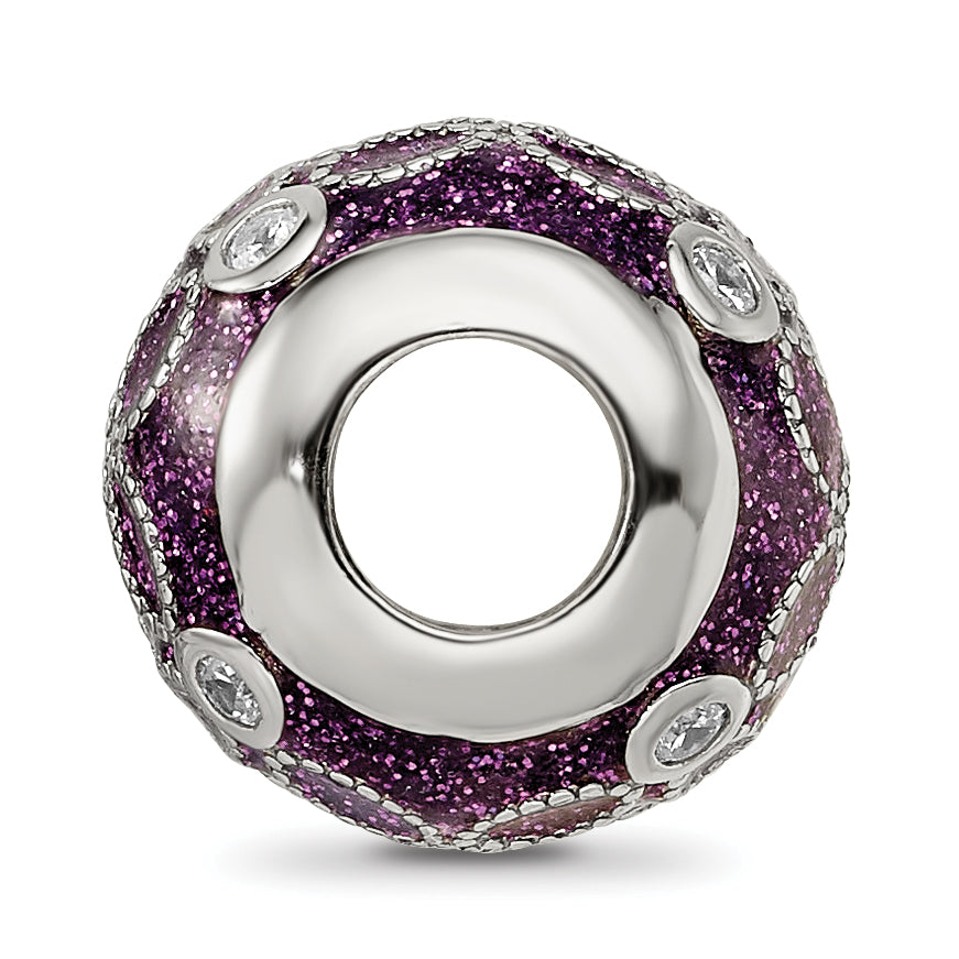 Sterling Silver Reflections Rh-plated CZs Sparkling Purple Enamel Bead