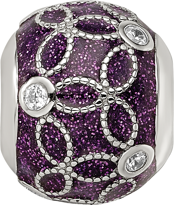 Sterling Silver Reflections Rh-plated CZs Sparkling Purple Enamel Bead