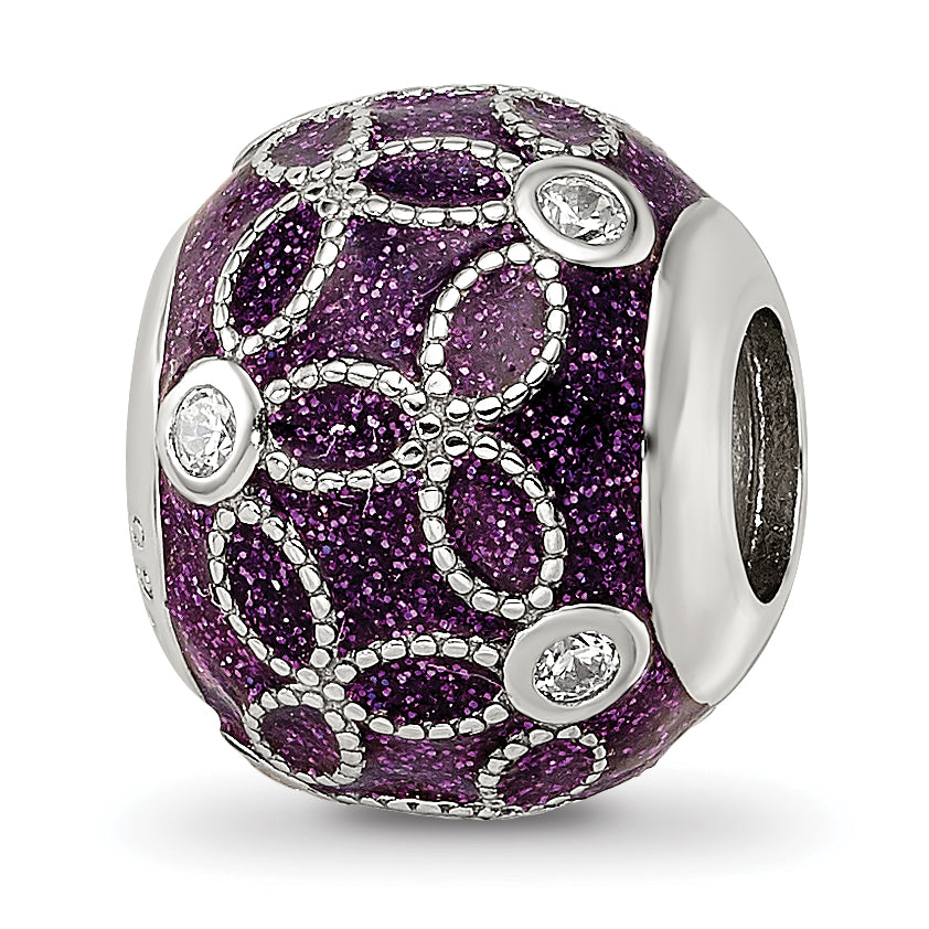 Sterling Silver Reflections Rh-plated CZs Sparkling Purple Enamel Bead