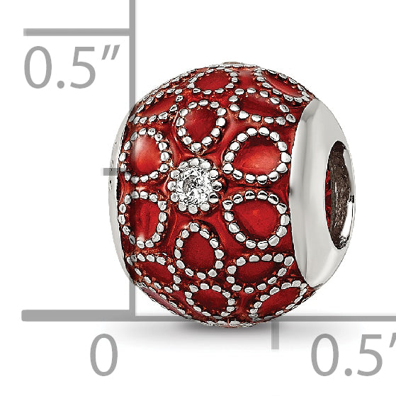 Sterling Silver Reflections Rh-plated CZs Orange Enameled Bead