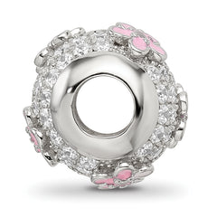 Sterling Silver Reflections Rh-plated CZ Bead with Pink Enameled Flowers