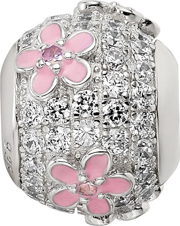 Sterling Silver Reflections Rh-plated CZ Bead with Pink Enameled Flowers