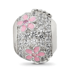 Sterling Silver Reflections Rh-plated CZ Bead with Pink Enameled Flowers