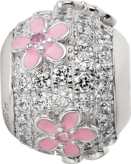 Sterling Silver Reflections Rh-plated CZ Bead with Pink Enameled Flowers